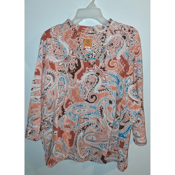 Ruby Rd Orange Paisley 3/4 Sleeve V-neck Blouse Sz 2X - Picture 1 of 3